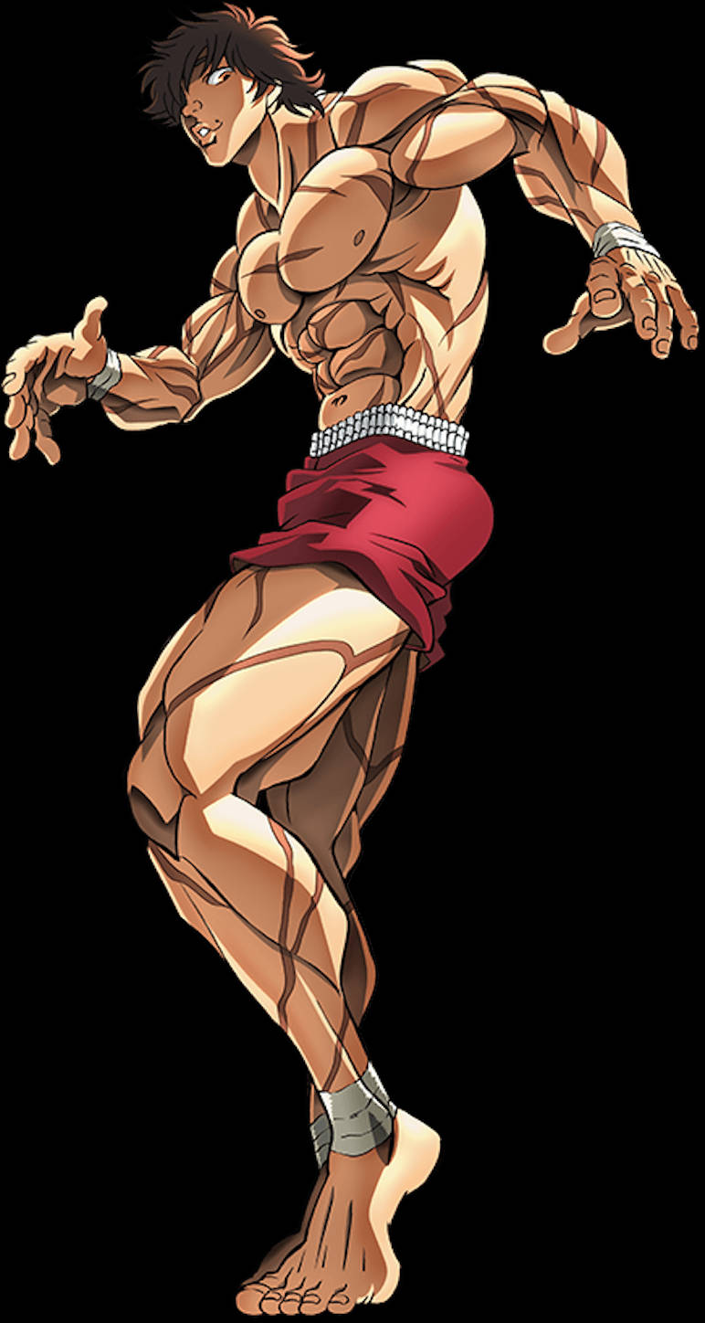 Baki 桌布 壁紙 — 一個肌肉誇張的動漫戰士，穿著紅色短褲和銀色腰帶，在黑色背景前擺出動態戰鬥姿勢。