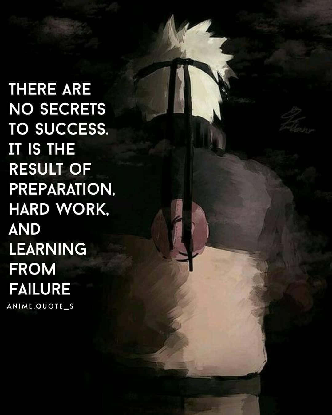 Sad Anime Quotes 桌布 壁紙 — 一個背光動漫角色，有著尖刺白色頭髮和頭帶，在烏雲背景下呈現剪影，並疊加了一句關於成功的勵志名言。