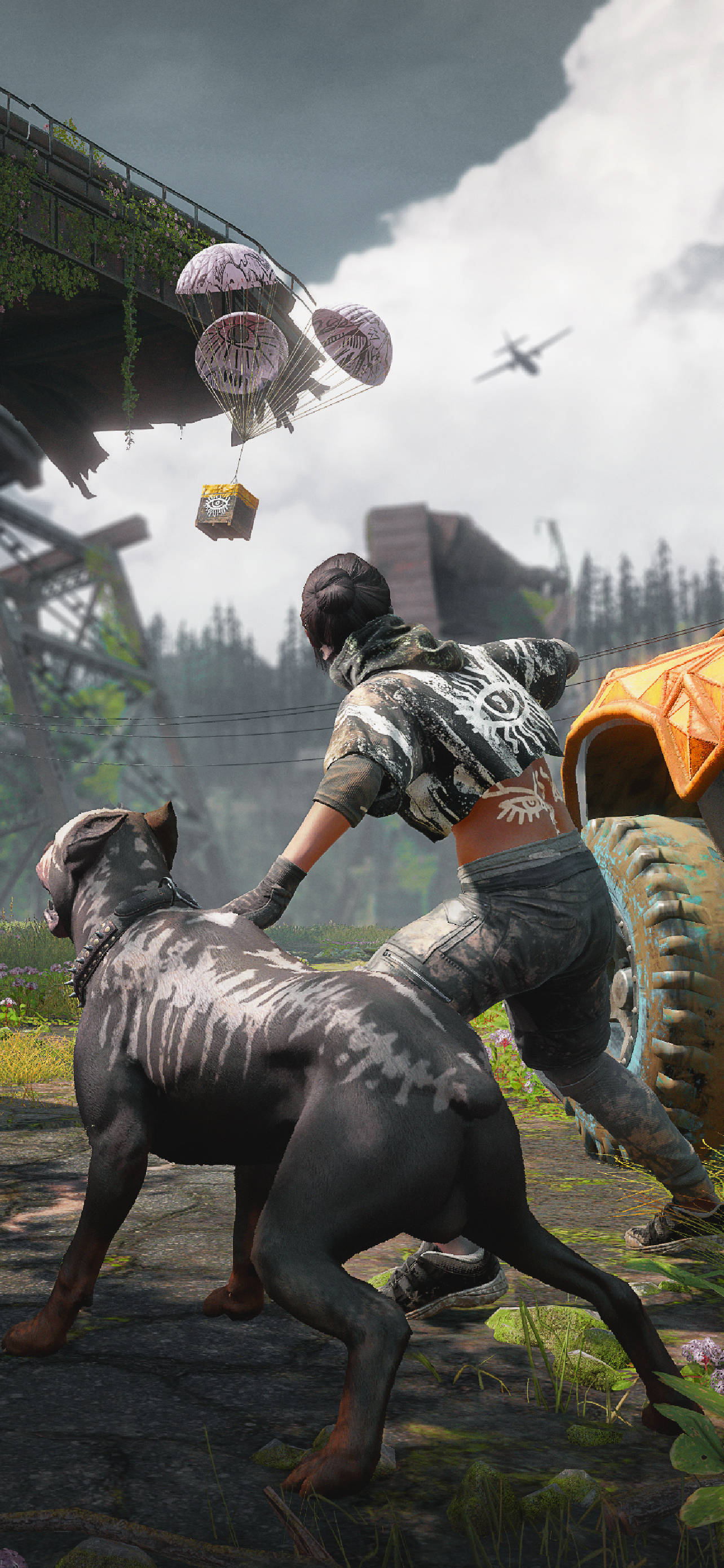 far cry iPhone 桌布 壁紙 — 一個背部有刺青的人與一隻大狗一起穿過雜草叢生的廢墟奔跑，上空有降落傘降下。