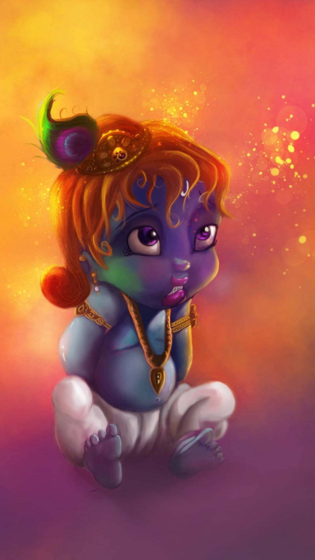 animated krishna 桌布 壁紙 — 一個胖乎乎的藍皮膚嬰兒克里希納，戴著金色珠寶和孔雀羽毛，坐在發光的橙色和紫色日落天空前。