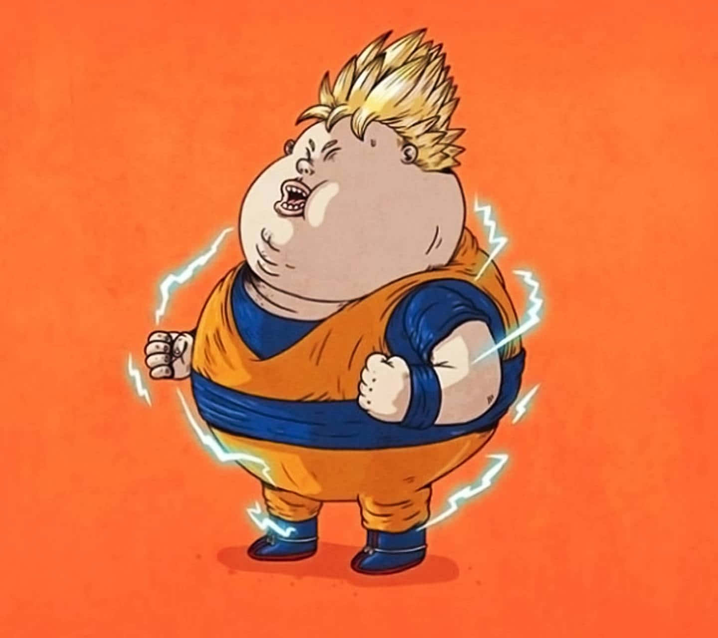 Funny Goku 桌布 壁紙 — 一個胖嘟嘟的動漫男孩，有著尖刺金髮，在純橙色背景上，拳頭周圍閃電劈啪作響，他咆哮著。