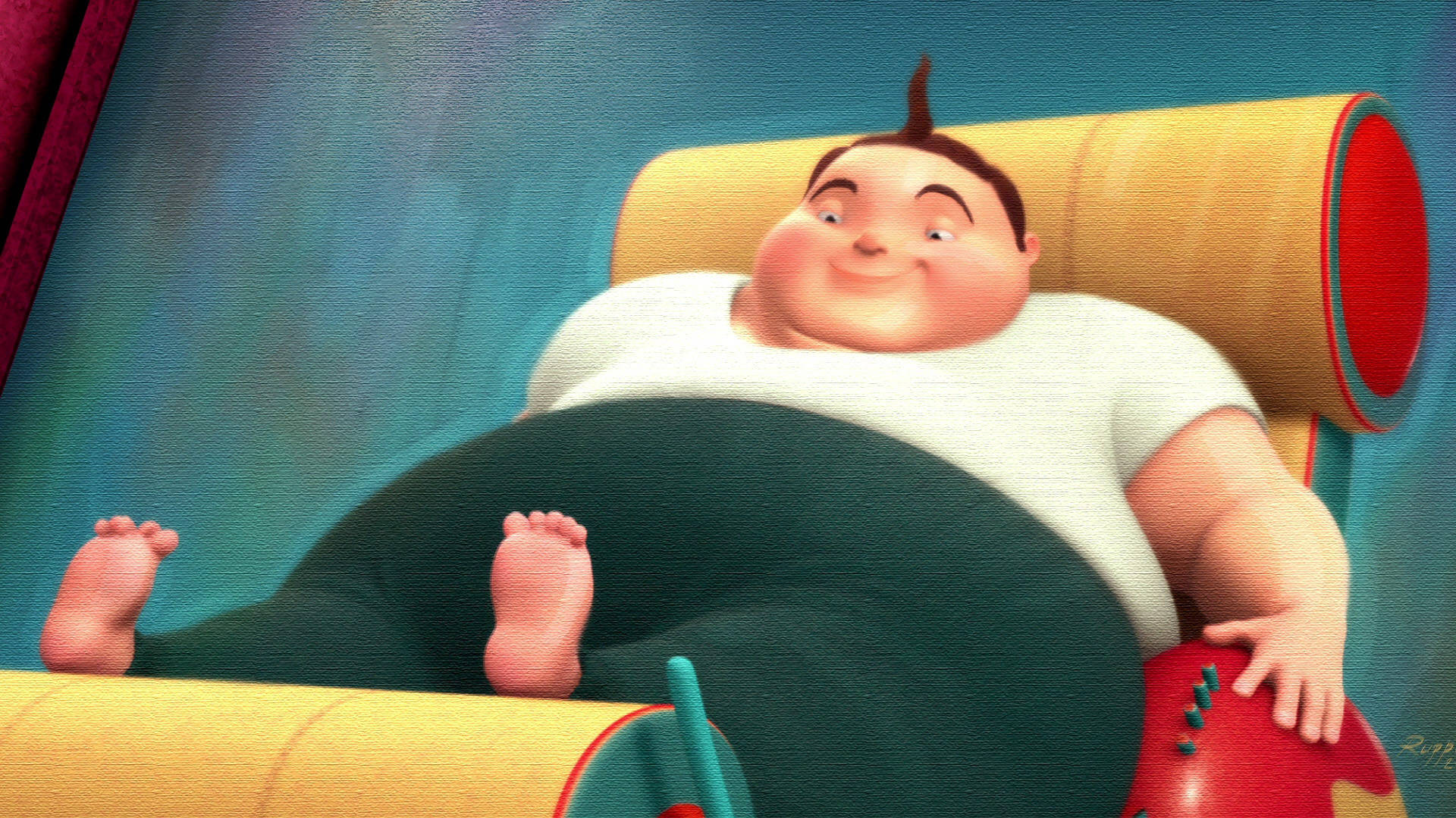 meet the robinsons 桌布 壁紙 — 一個胖嘟嘟的動畫男孩，頭頂有一撮頭髮，開心地坐在黃色管狀椅上，背景是藍綠色。