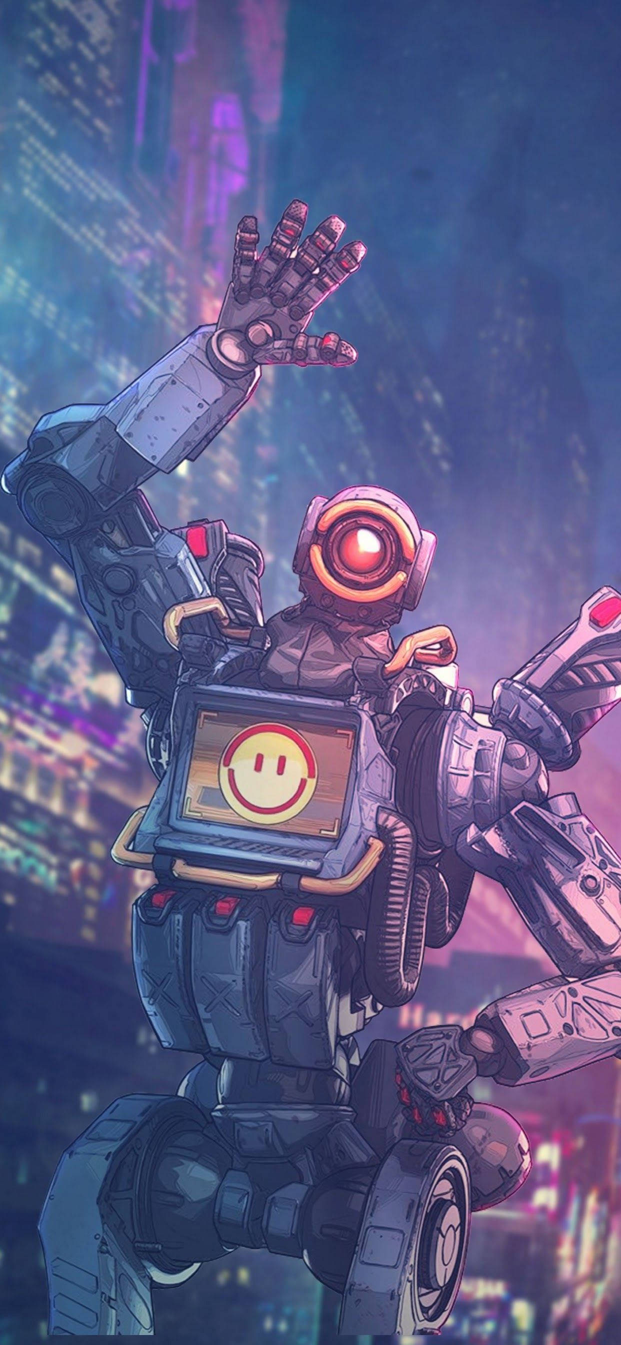 Apex Legends Mobile 桌布 壁紙 — 一個胸前有發光笑臉的快樂機器人在霓虹燈閃爍的未來城市景觀中揮手。