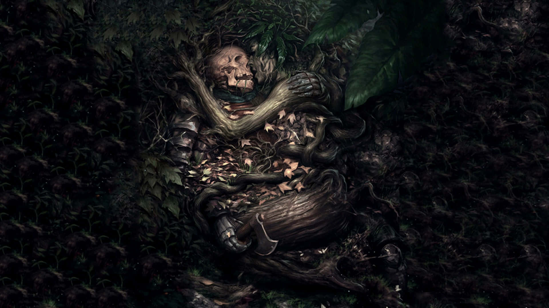 Dark Love 桌布 壁紙 — 一個腐朽的騎士骸骨，在黑暗的森林地面上與樹根和藤蔓纏繞在一起。