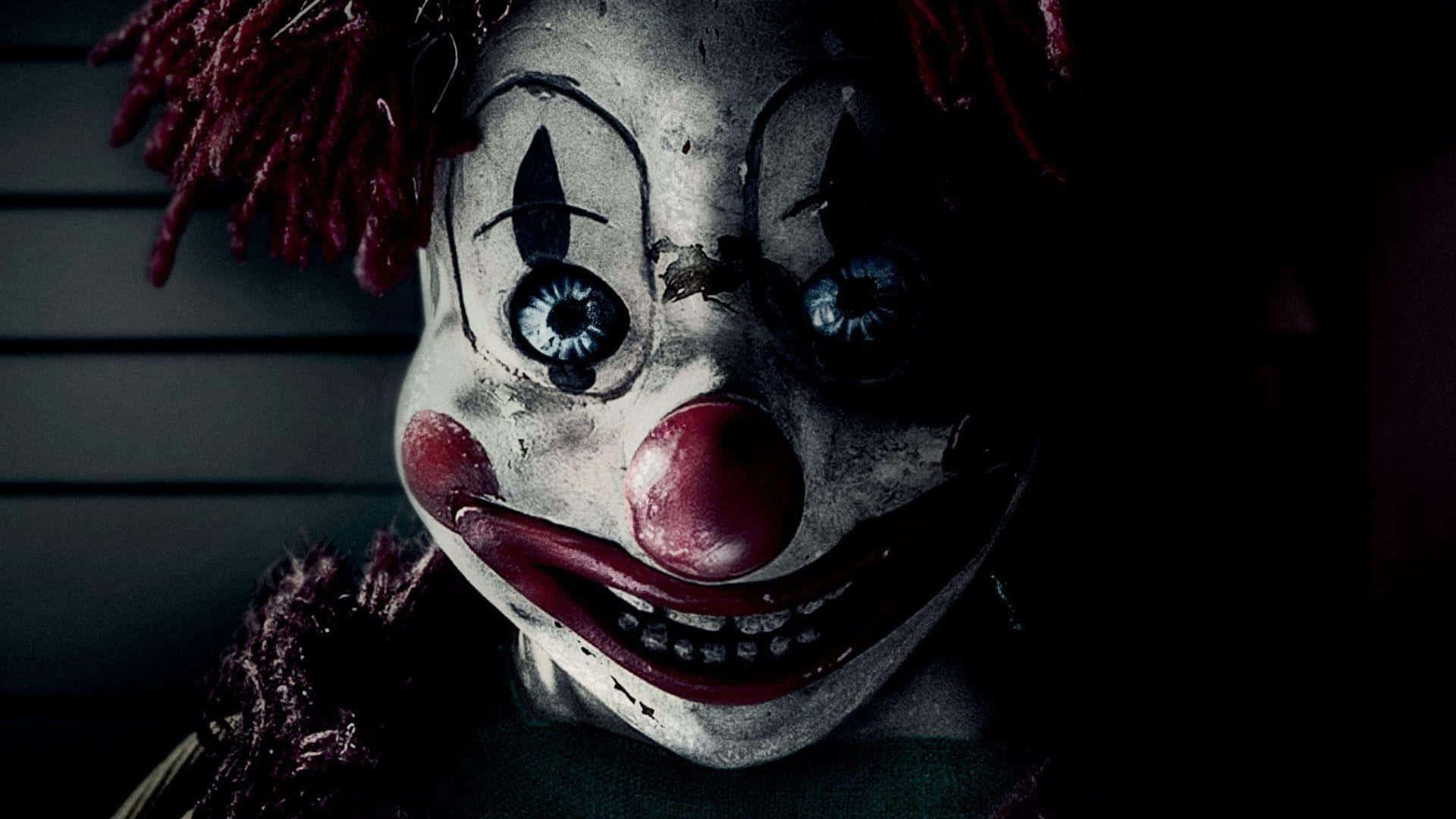 Cool Scary 桌布 壁紙 — 一個腐爛小丑面具的特寫，面具上有裂紋的油漆和發光的藍色眼睛，處於黑暗環境中。