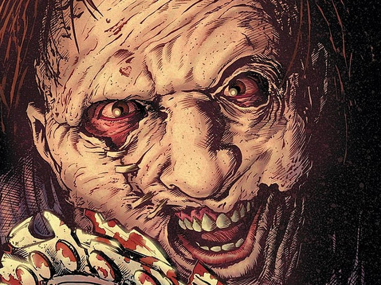 Leatherface 桌布 壁紙 — 一個腐爛的殭屍，眼睛佈滿血絲，嘴巴血淋淋，緊緊抓住一條斷肢的怪誕恐怖漫畫插圖。