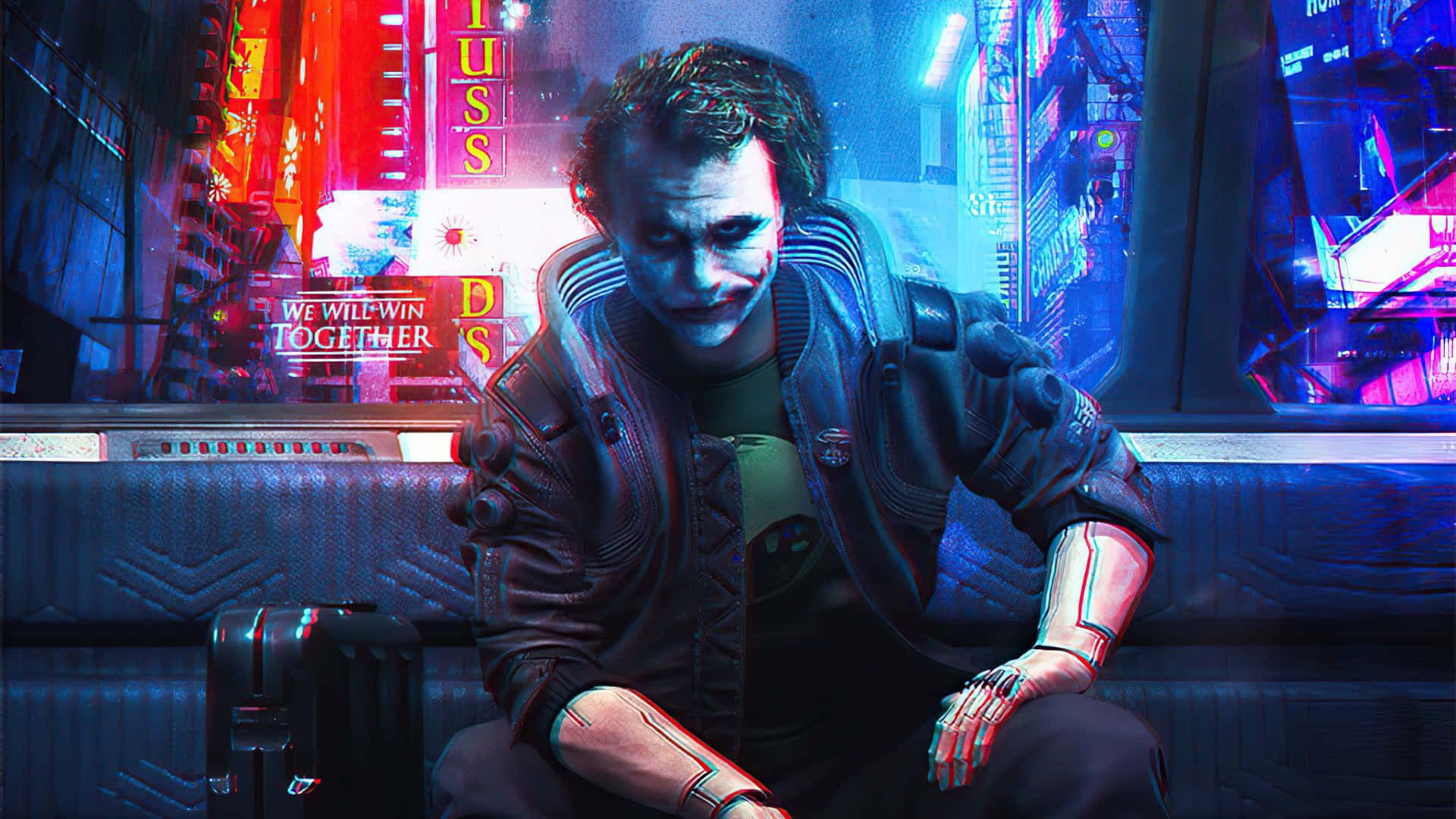 Cyberpunk Laptop 桌布 壁紙 — 一個臉上塗有顏料的男人坐在霓虹燈照亮的城市長椅上，周圍是發光的招牌和數位廣告看板。
