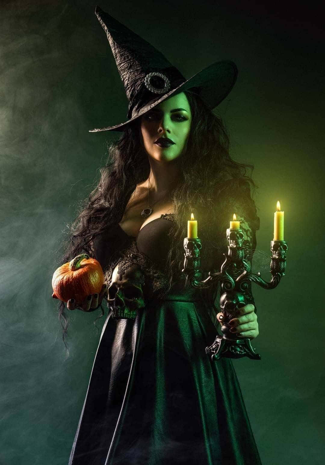 Witch Costumes 桌布 壁紙 — 一個臉上塗著綠色顏料的黑暗女巫，在煙霧繚繞的綠色背景下，手持南瓜和骷髏燭台。