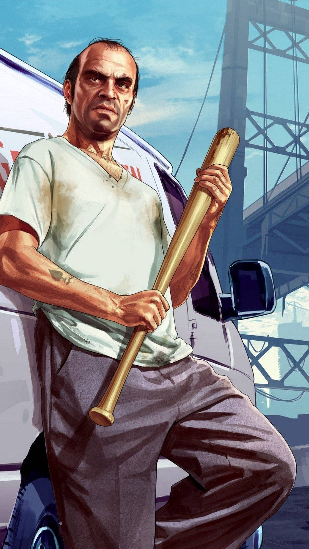 gta iPhone 桌布 壁紙 — 一個臉上帶疤的粗獷插畫男人，在鋼橋下抓住一支棒球棍，旁邊有一輛貨車。