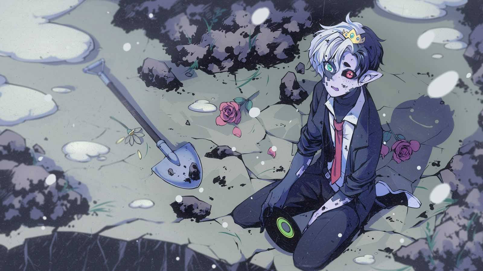 兔子 桌布 壁紙 — 一個臉色蒼白、眼睛顏色不同、戴著皇冠的動漫男孩跪在雪地墓園裡，旁邊有一把鏟子和玫瑰。