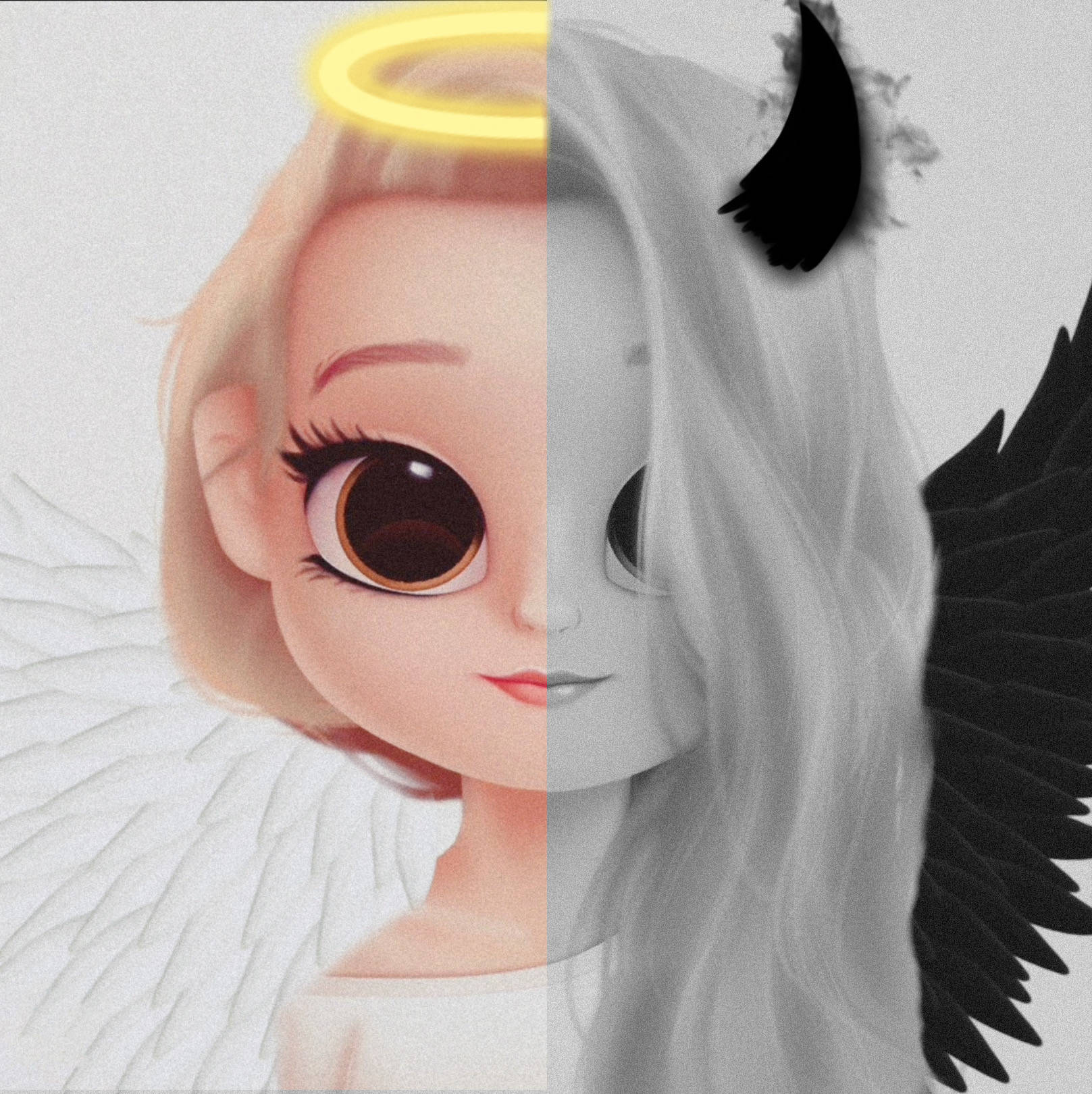 Dollify 桌布 壁紙 — 一個臉部分成兩半的動漫女孩，天使的一半有發光的光環和翅膀，惡魔的一半有黑色的角和翅膀。