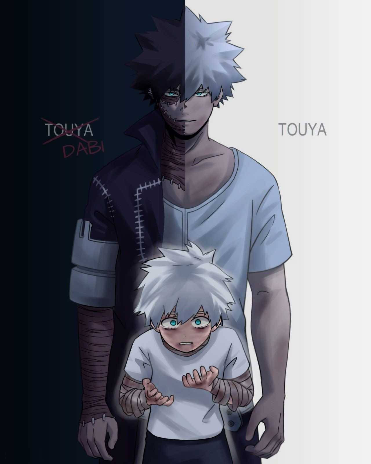 todoroki family 桌布 壁紙 — 一個臉部分為黑暗和光明兩半的動漫角色，保護性地站在一個白髮、手臂纏著繃帶的小孩上方。