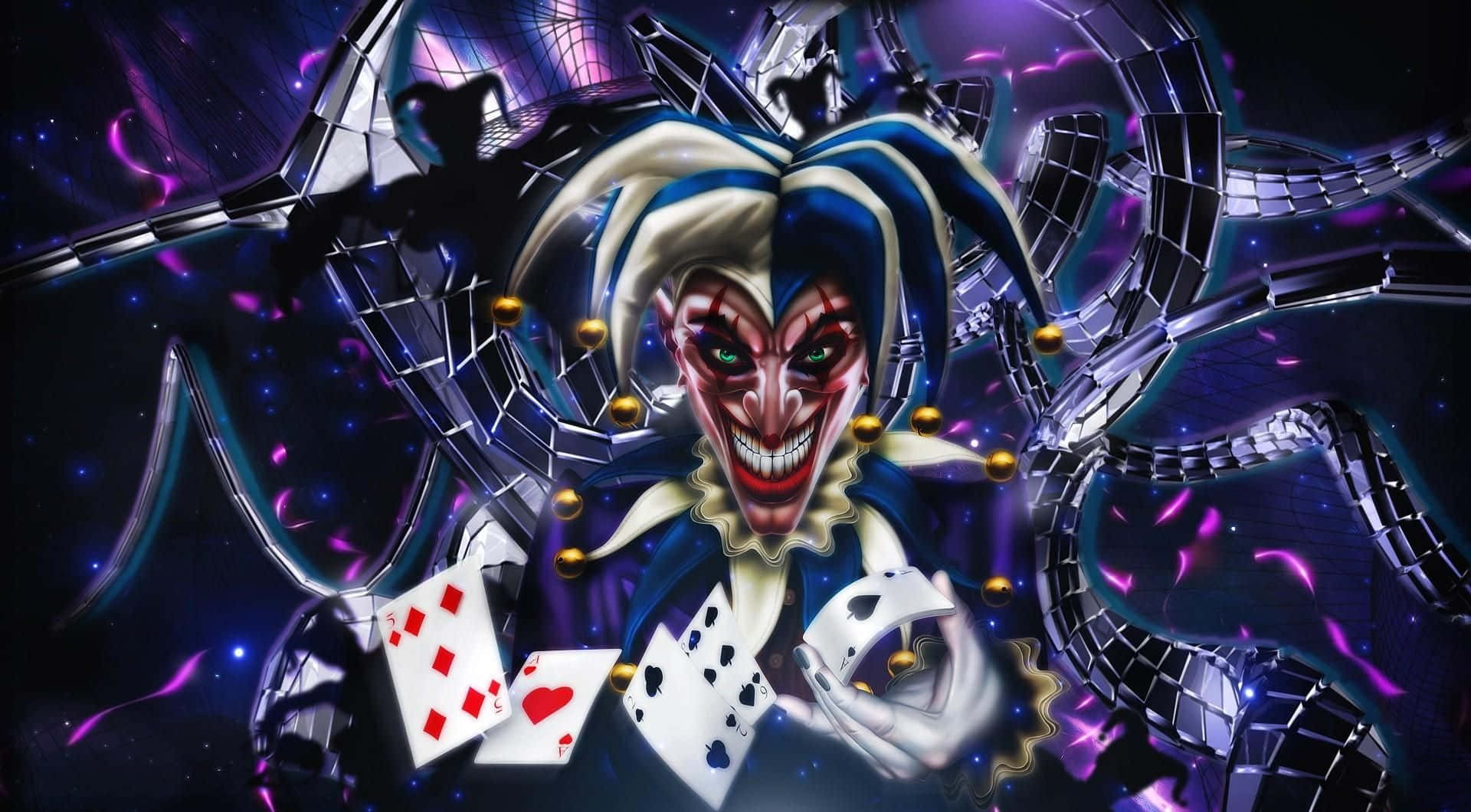 Evil Joker 桌布 壁紙 — 一個臉部裂開、眼睛發光的威脅性小丑，在旋轉的紫色和藍色能量以及金屬觸手之間手持撲克牌。