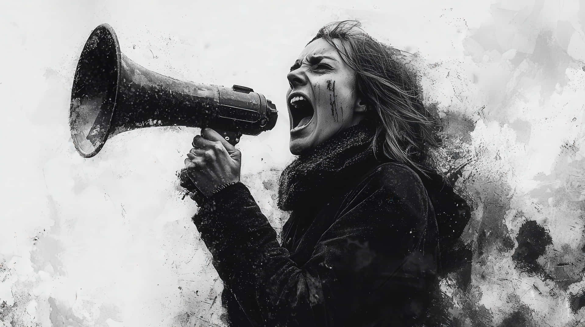 Angry Woman Shouting Through Megaphone in Protest 壁紙 — 一個臉部髒污的女人對著擴音器尖叫，背景是粗糙的紋理。