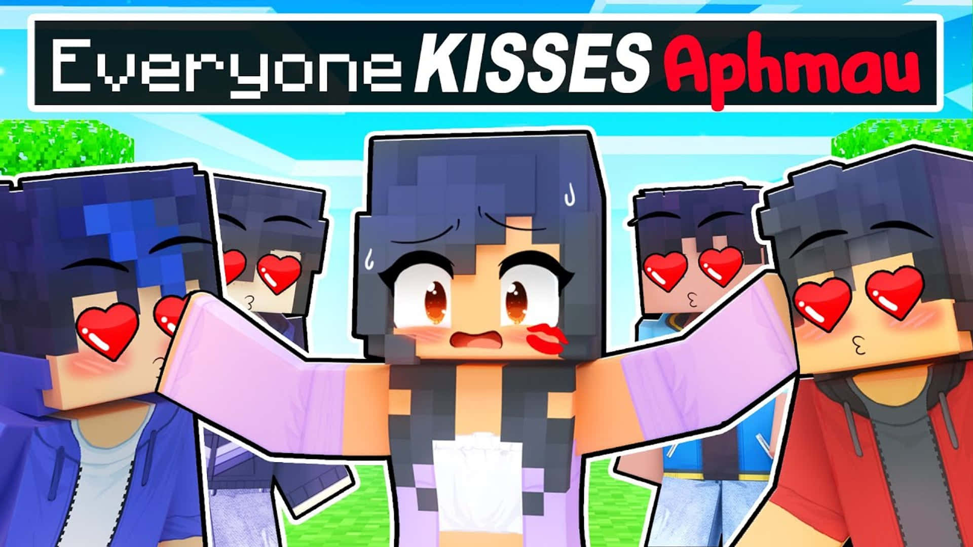 Aphmau 桌布 壁紙 — 一個臉頰泛紅的像素藝術Minecraft風格角色被心形眼睛的角色包圍親吻她的手臂。