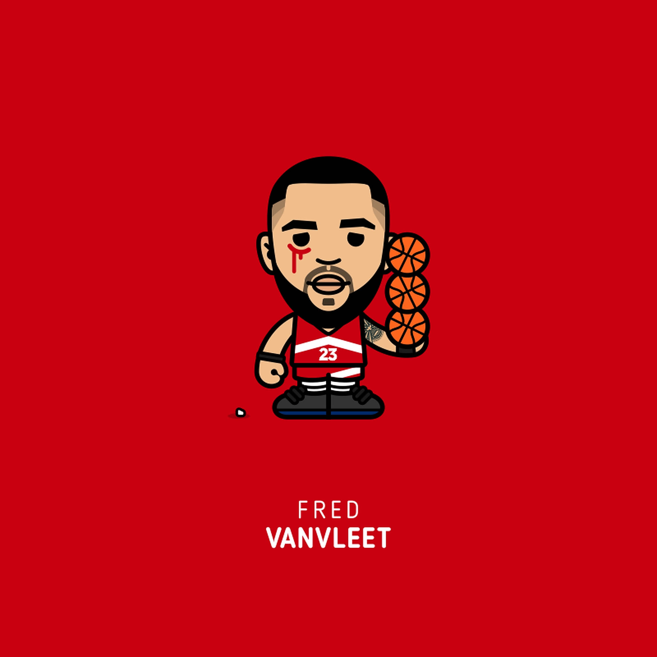Fred Vanvleet 桌布 壁紙 — 一個臉頰流血的Q版籃球運動員，在純紅色背景上拿著三個籃球。