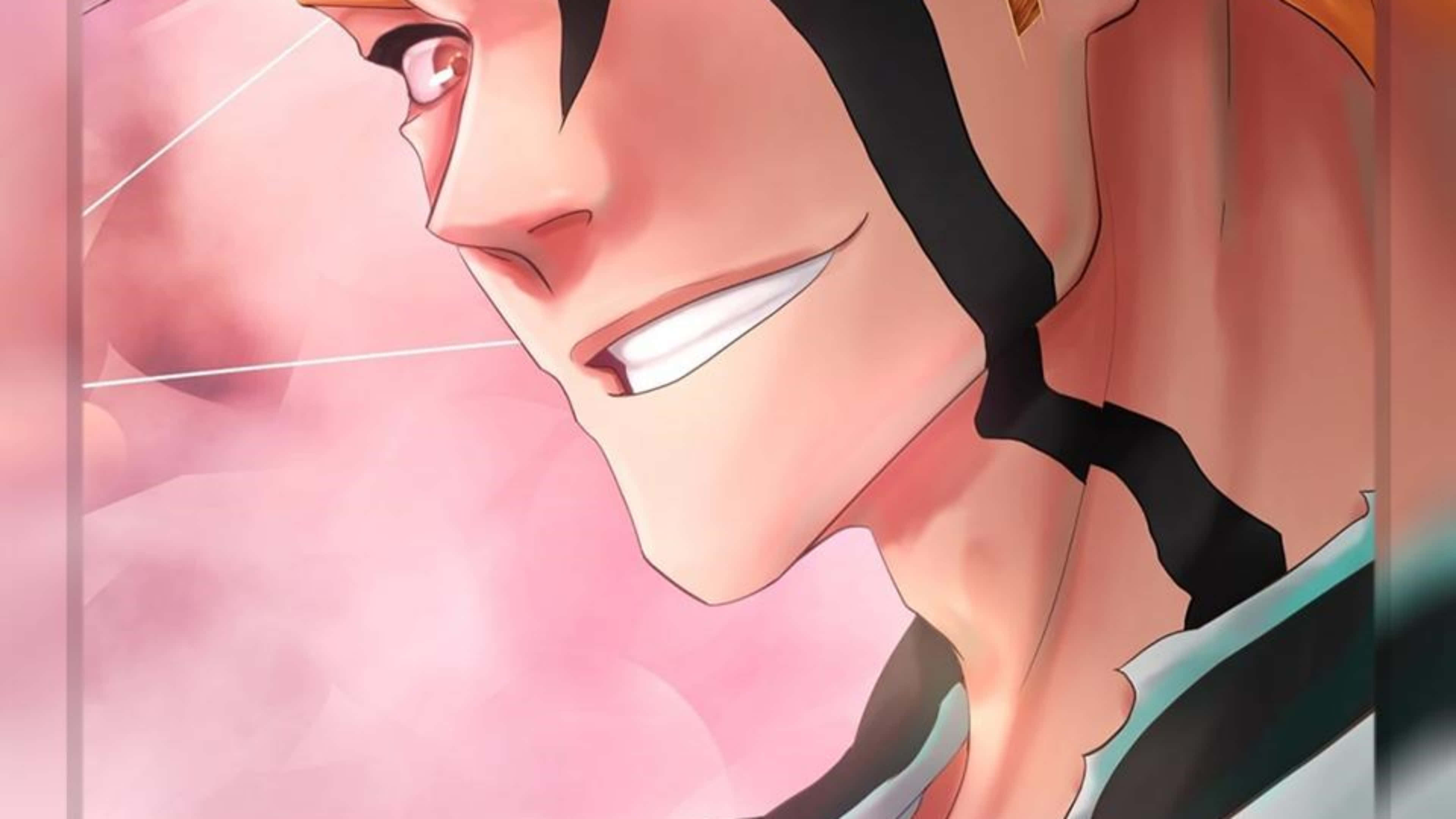 Ichigo 4K 桌布 壁紙 — 一個自信咧嘴笑的黑髮動漫角色特寫，背景為柔和粉紅色。