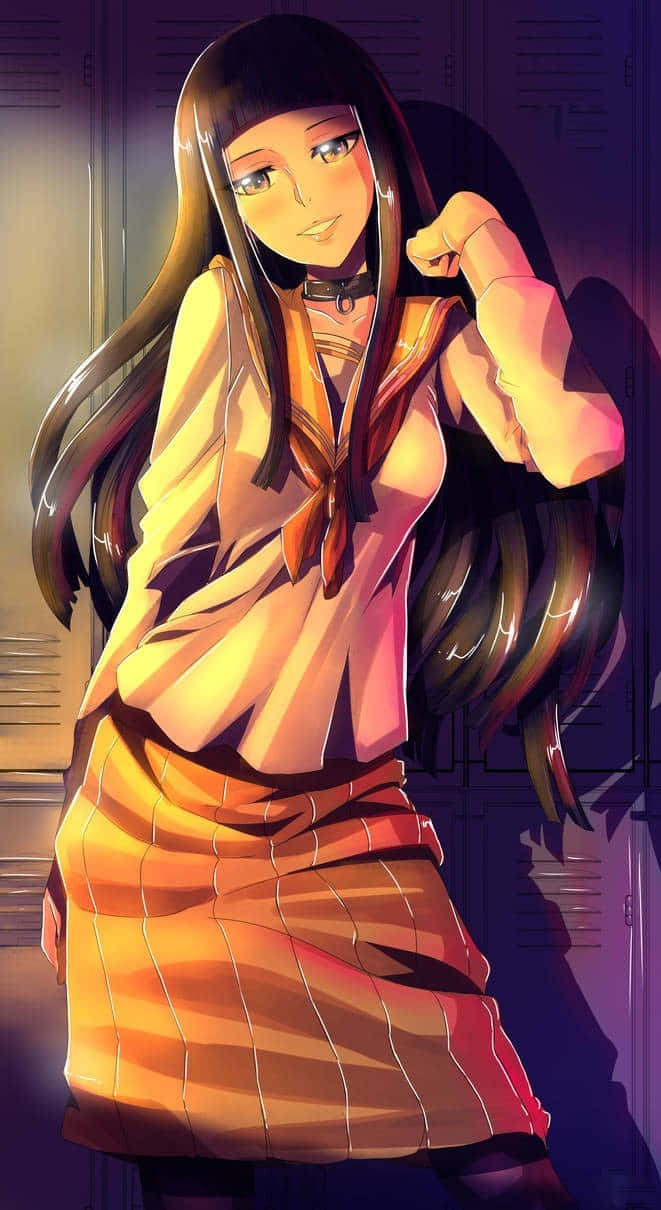 Rikako Oryo 桌布 壁紙 — 一個自信滿滿的動漫女學生穿著校服，在溫暖燈光下以紫色置物櫃為背景，露出得意的笑容擺姿勢。