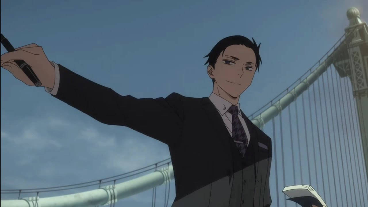 daisuke kambe 桌布 壁紙 — 一個自信滿滿的動漫男子穿著西裝，在藍天白雲下的橋上自拍。