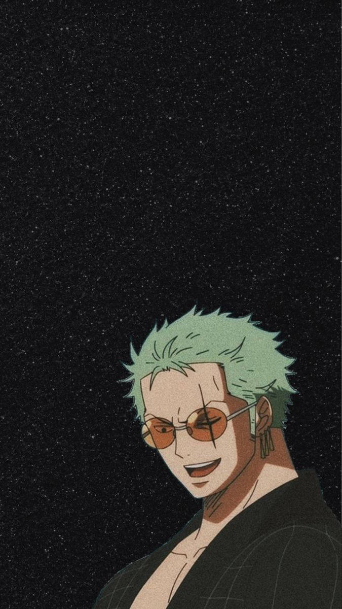 綠色頭髮和橙色太陽眼鏡的動漫角色在星空下微笑。 — 索隆 GIF 壁紙