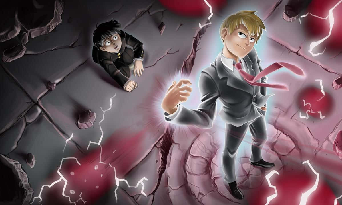 Arataka Reigen 桌布 壁紙 — 一個自信滿滿的動畫男孩穿著西裝站在龜裂的地面上釋放紅色能量，而一個驚恐的男孩緊貼地面。