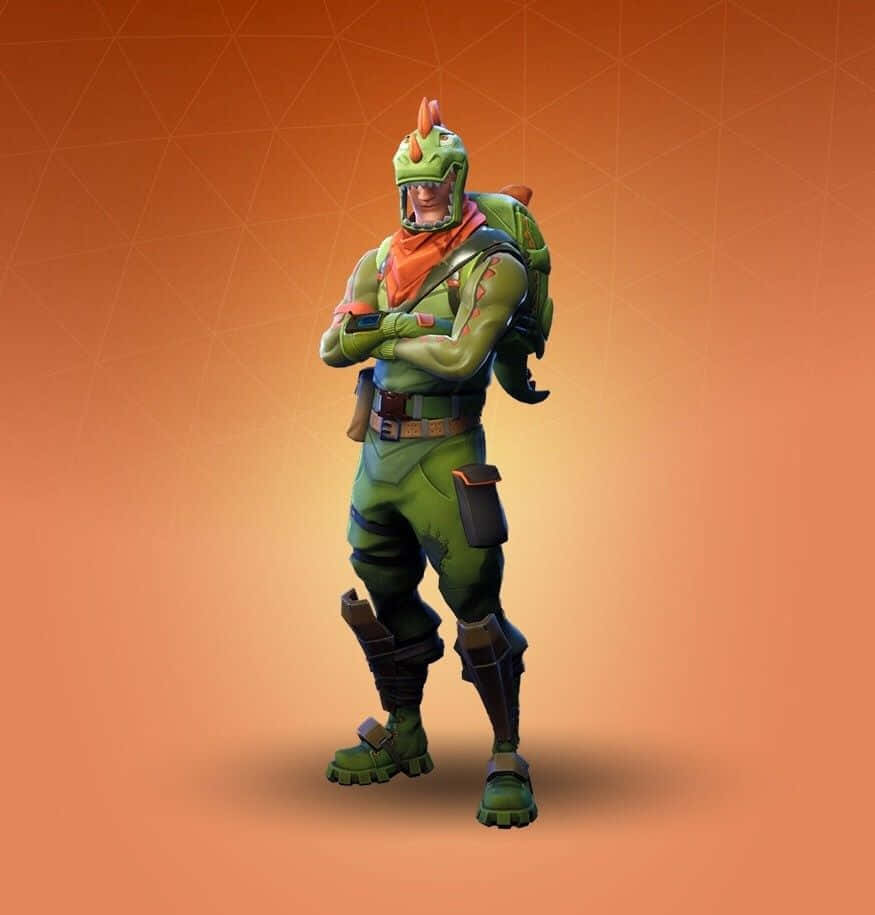Fortnite 桌布 壁紙 — 一個自信滿滿的恐龍主題Fortnite角色，雙手交叉，站在溫暖的橙色漸變背景前。
