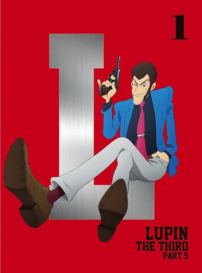 Lupin 桌布 壁紙 — 一個自信滿滿的藍色西裝動畫小偷，躺在大膽的紅色背景前的一個巨大銀色數字一上。
