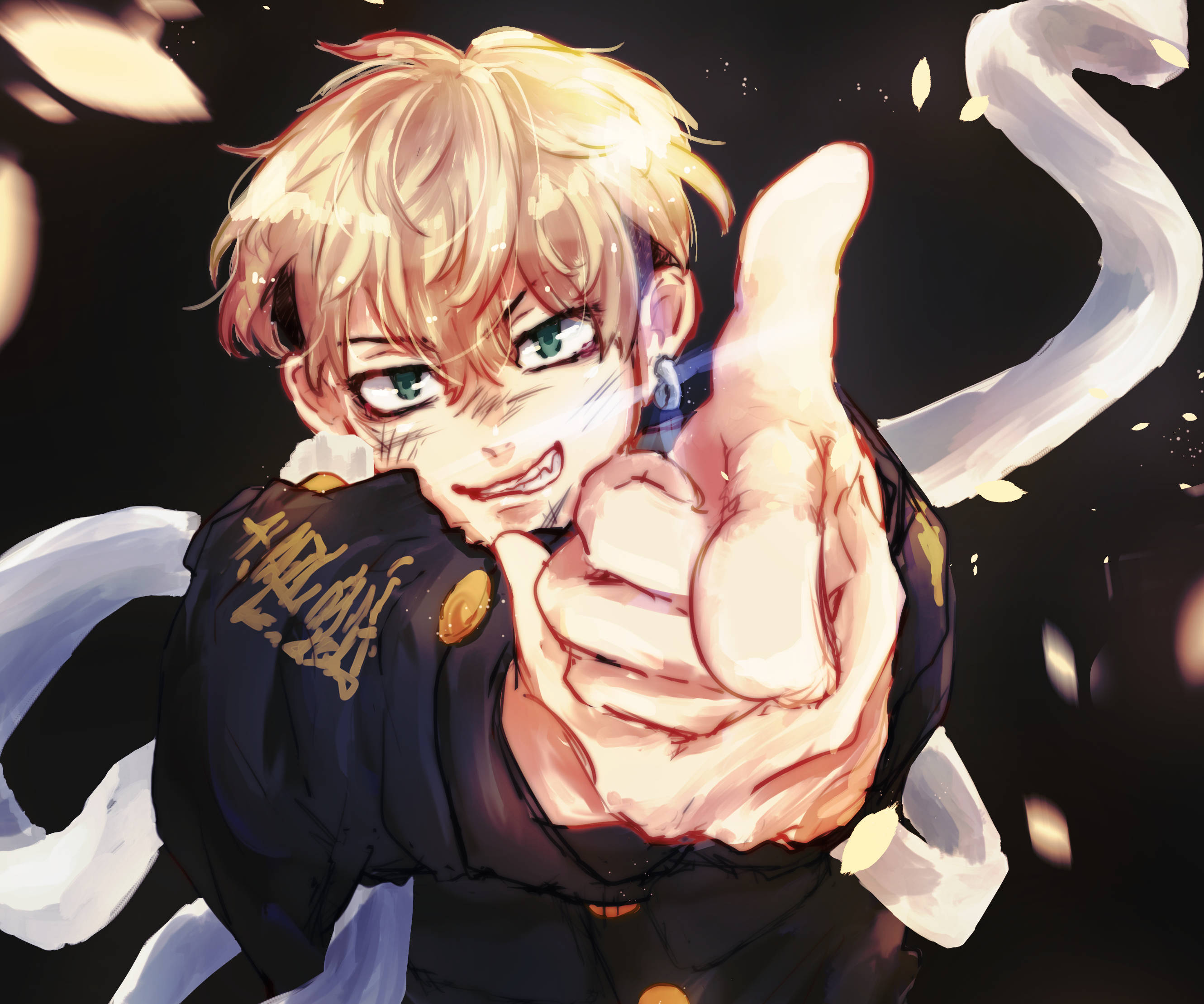 chifuyu matsuno 桌布 壁紙 — 一個自信滿滿的金髮綠眼動漫男孩，在黑暗背景中閃爍的粒子襯托下，大膽地豎起大拇指。