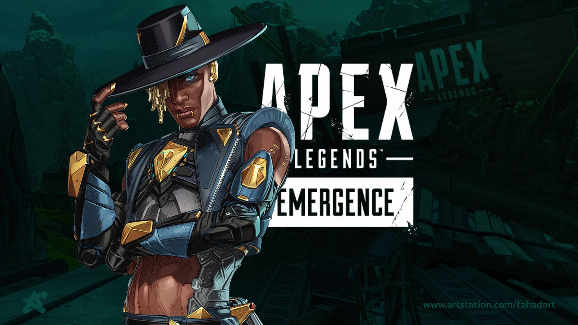 Legends 桌布 壁紙 — 一個自信的Apex Legends角色穿著藍色和金色盔甲，站在黑暗的工業背景前，帶有發光文字。