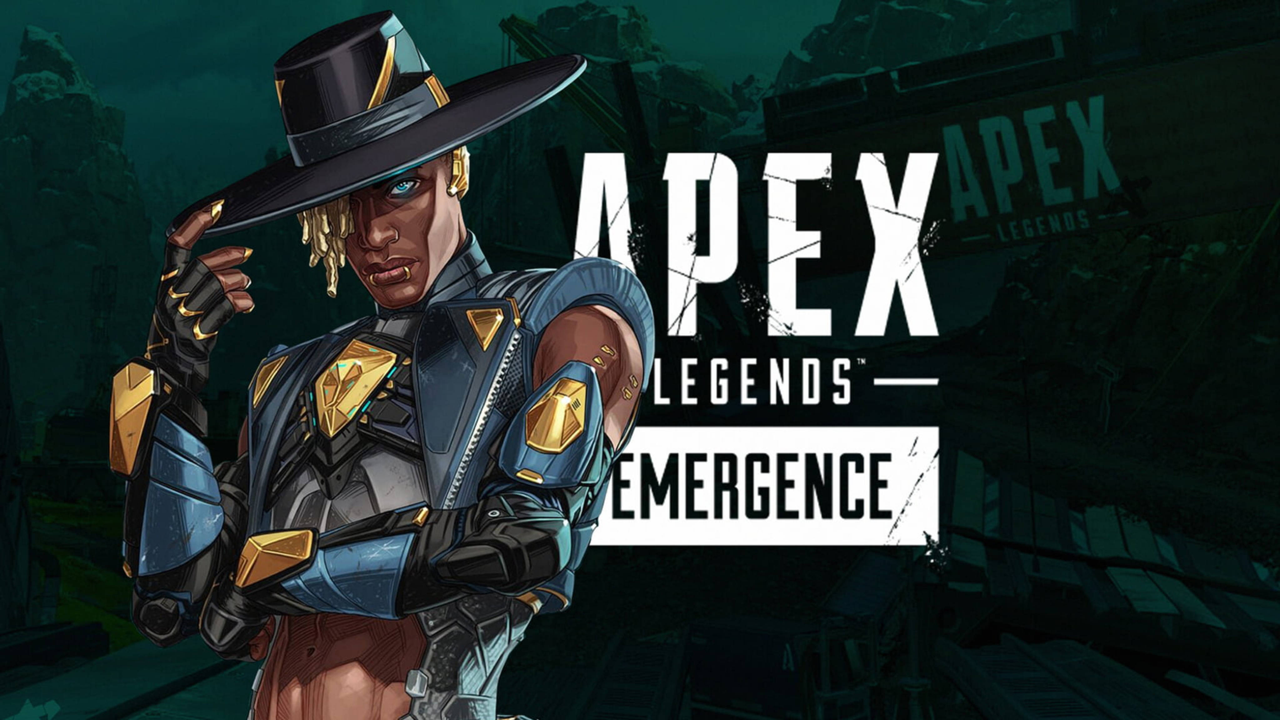 X 桌布 壁紙 — 一個自信的Apex Legends角色，身穿藍色和金色盔甲，站在黑暗工業背景前，有發光文字。
