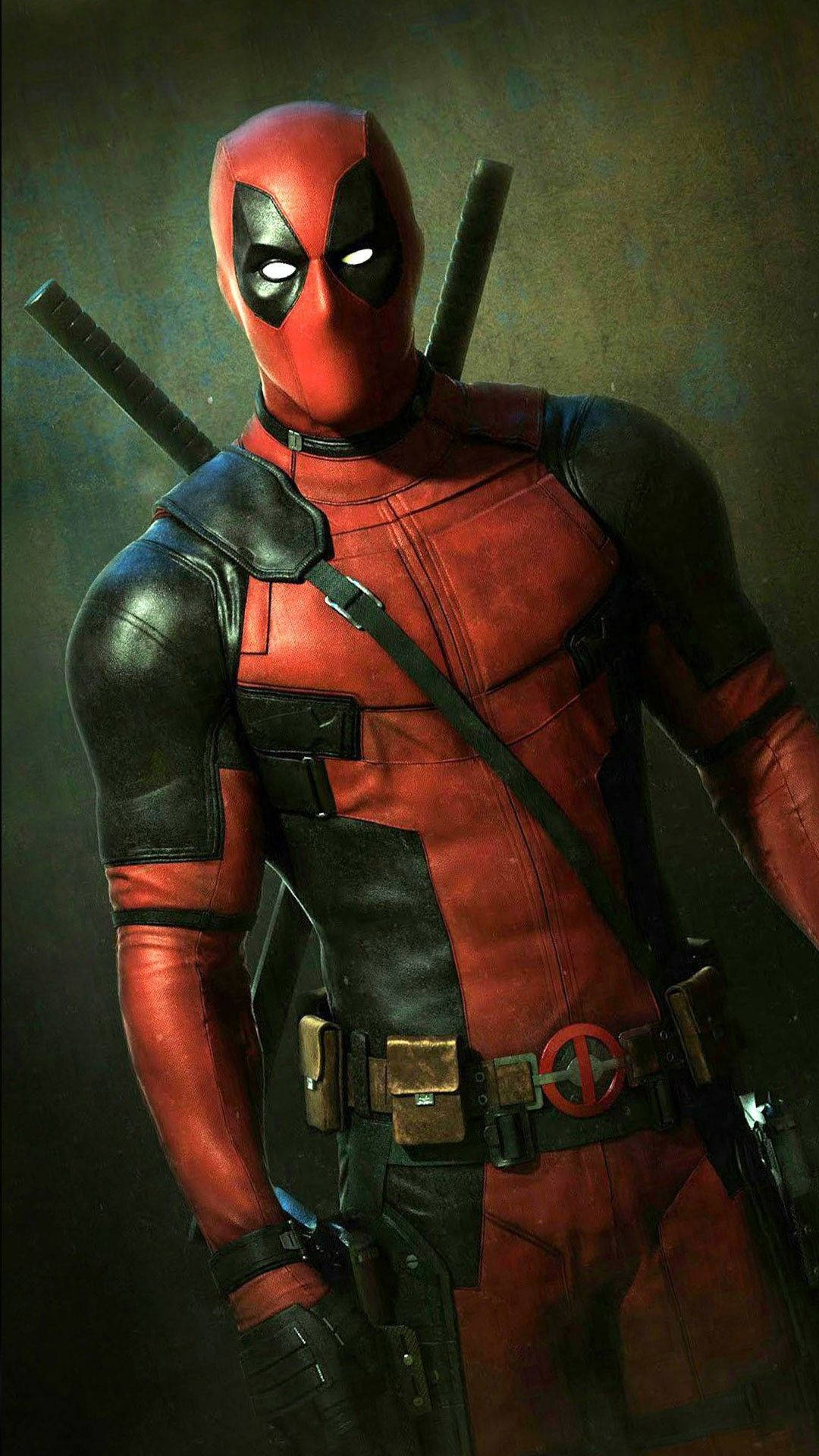 死侍 桌布 壁紙 — 一個自信的Deadpool身穿紅黑戰衣，背負雙刀，站在陰暗的背景下。