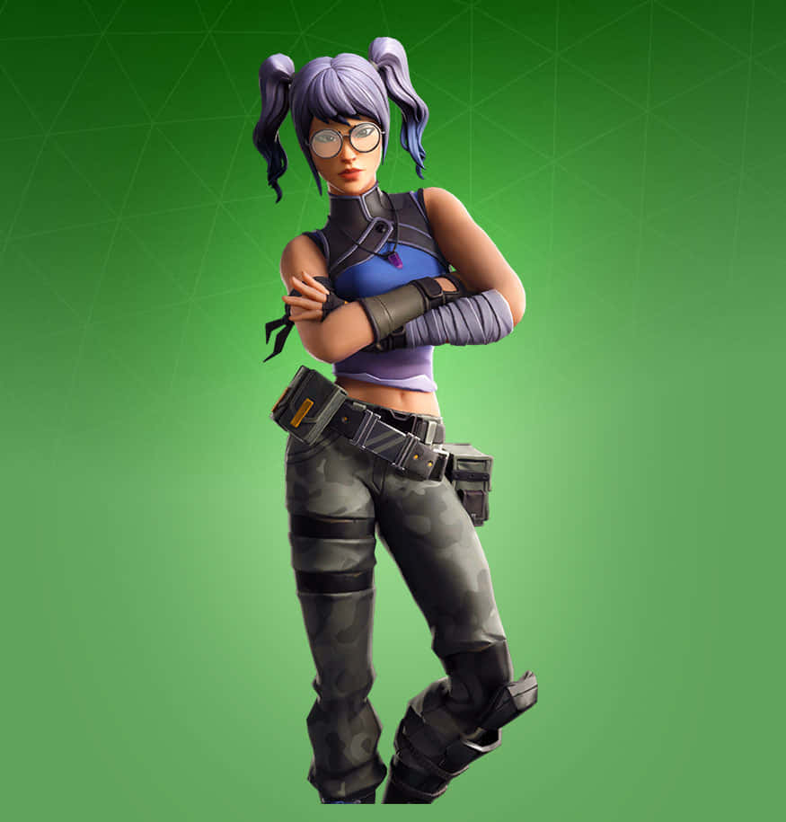 電玩遊戲 桌布 壁紙 — 一個自信的Fortnite角色，紫色辮子和眼鏡，雙手交叉站在綠色漸變背景前。