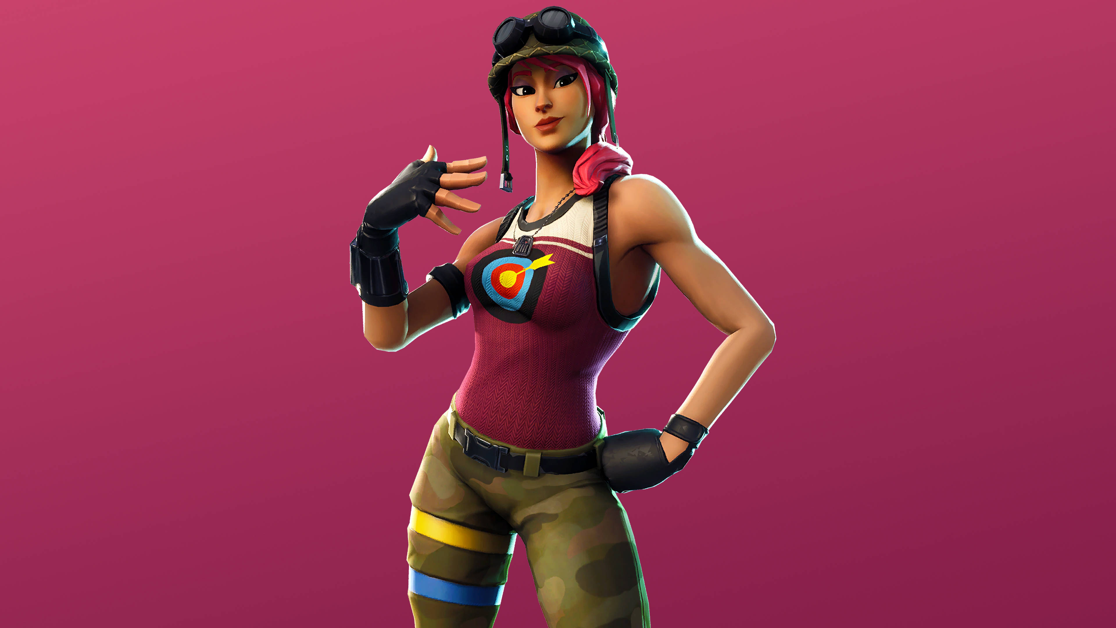 Fortnite 造型 桌布 壁紙 — 一個自信的Fortnite角色，身穿粉紅色背心和迷彩褲，在純洋紅色背景前擺姿勢。