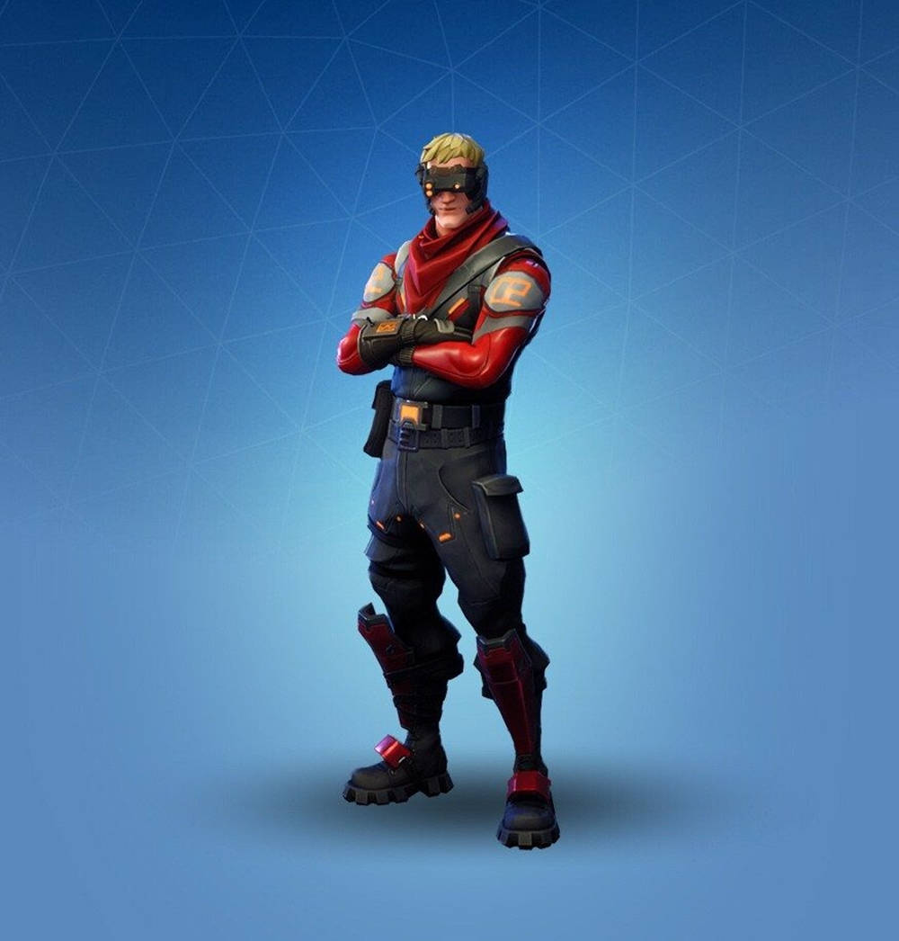 Fortnite 造型 桌布 壁紙 — 一個自信的Fortnite角色，身穿紅色和黑色裝備，站在藍色幾何背景前交叉雙臂。