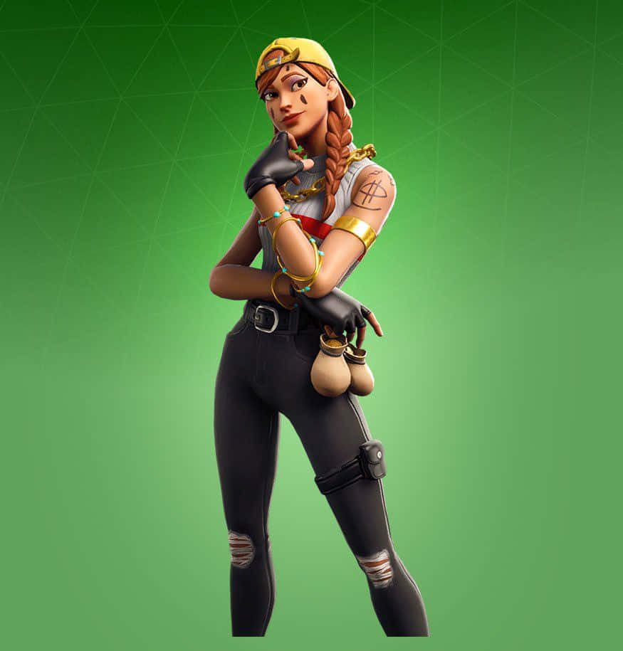 Fortnite 桌布 壁紙 — 一個自信的Fortnite角色，綁著辮子並戴著金色飾品，在綠色漸變背景前擺姿勢。