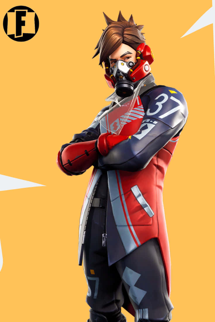 Fortnite Character 桌布 壁紙 — 一個自信的Fortnite角色，身穿紅色和藍色裝備，雙手交叉站在鮮黃色背景前。