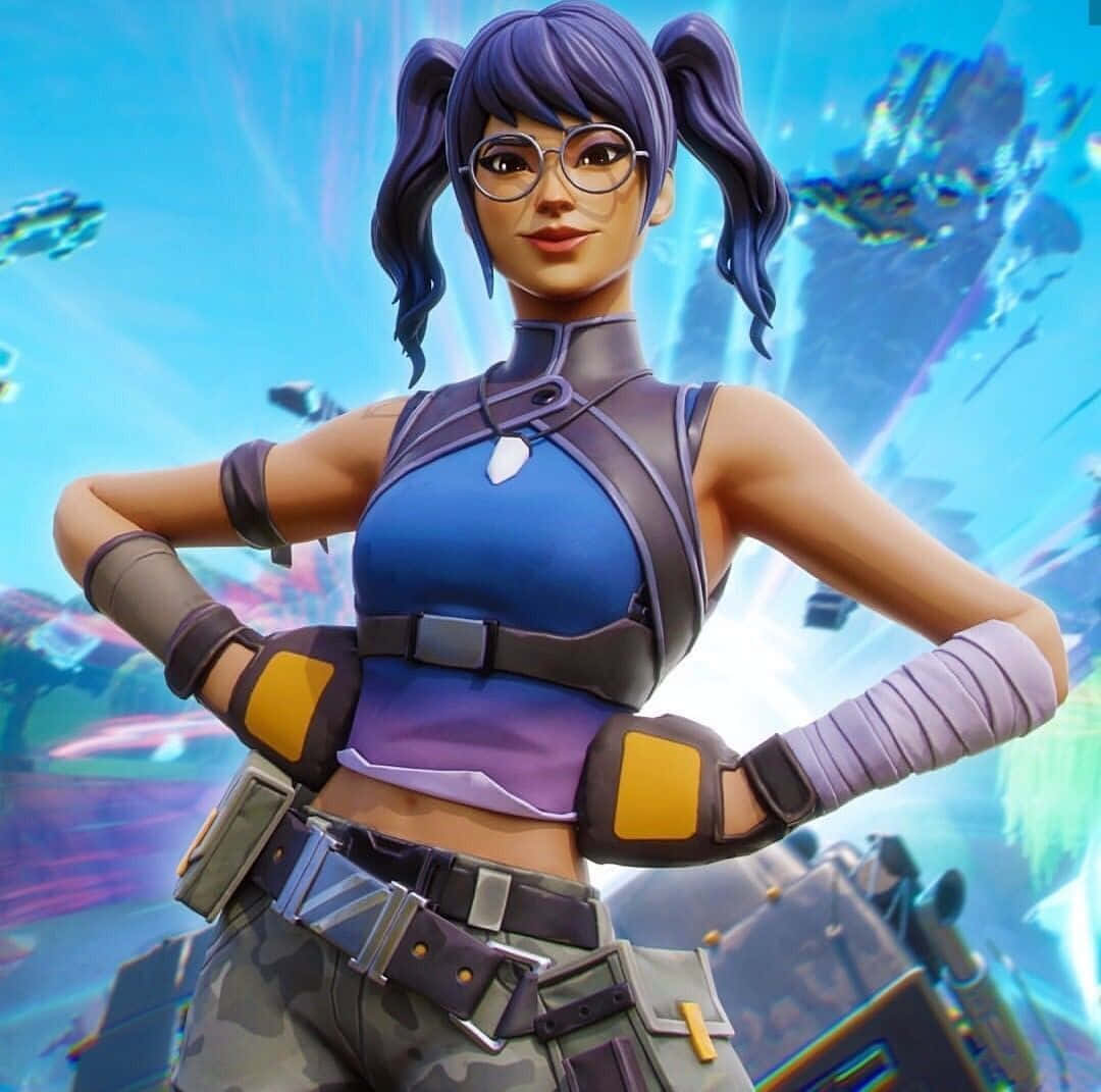 電玩遊戲 桌布 壁紙 — 一個自信的Fortnite角色，紫色辮子和眼鏡，站在充滿科幻感的天空，有漂浮的車輛。