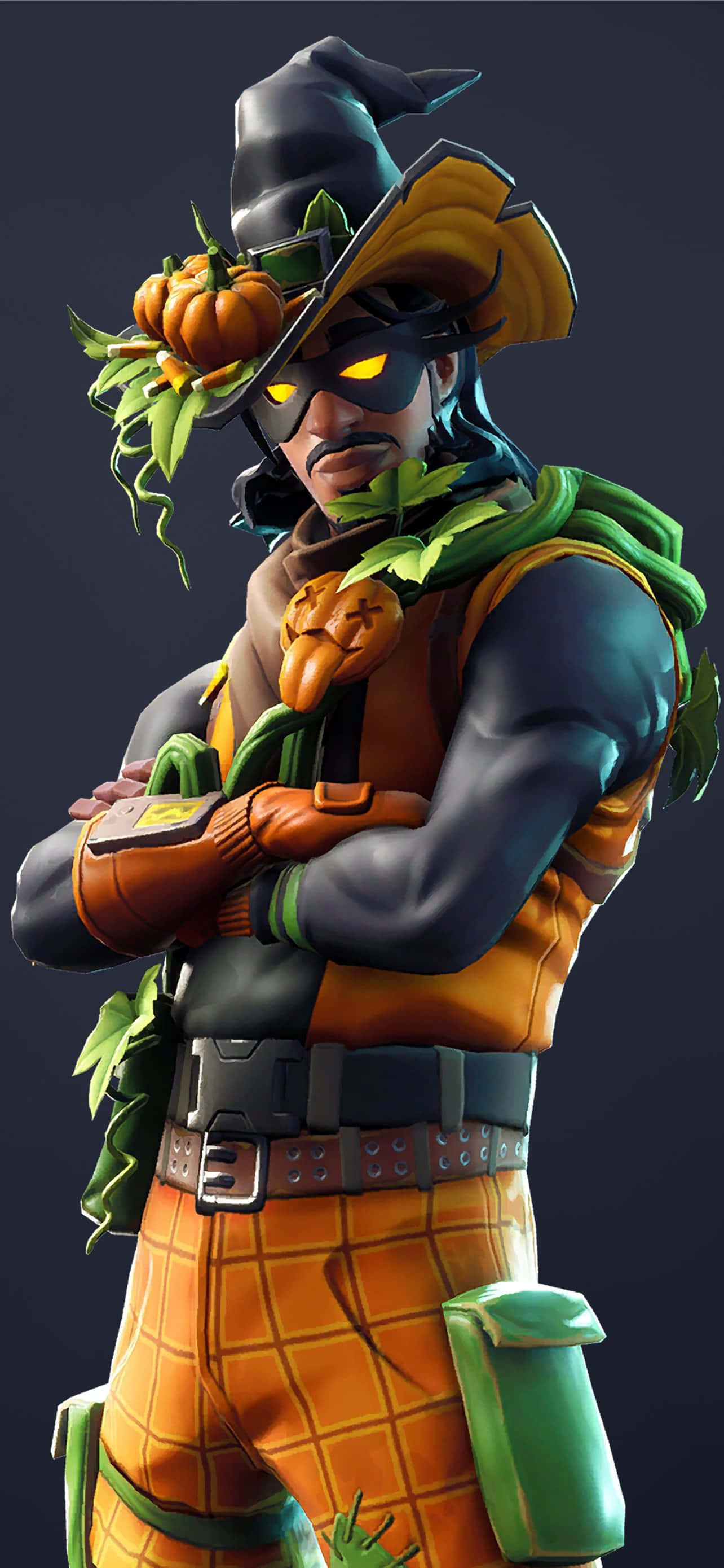 Halloween Profile 桌布 壁紙 — 一個自信的Fortnite角色，穿著萬聖節女巫服裝，有南瓜和發光的眼睛，交叉雙臂站著。