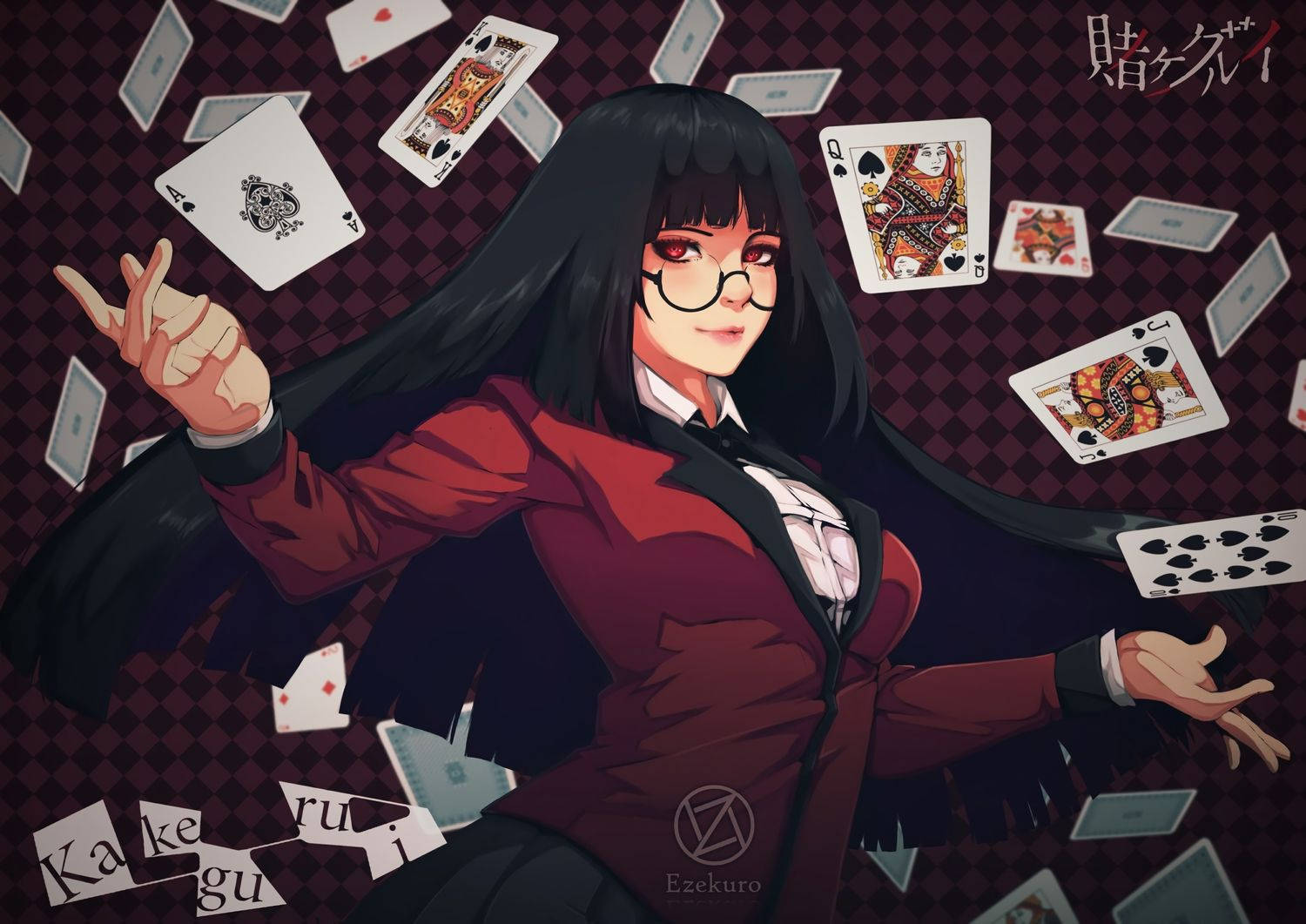 Kakegurui 桌布 壁紙 — 一個自信的動漫女孩，戴著眼鏡，長長的黑髮，穿著紅色西裝，被漂浮的撲克牌包圍，背景是格子圖案。
