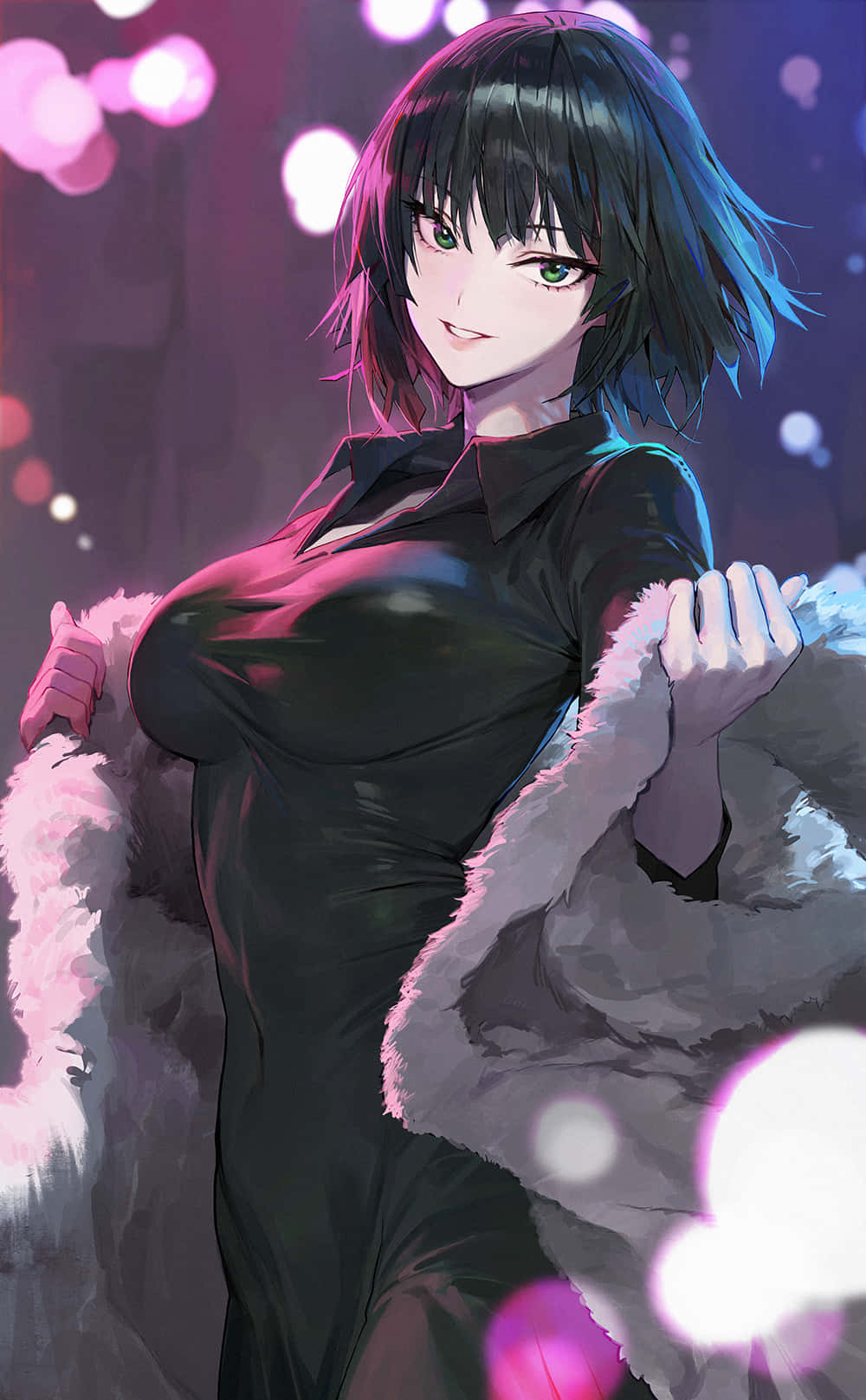 Fubuki 桌布 壁紙 — 一個自信的動漫女孩，短黑髮和綠眼睛，穿著黑色連衣裙和毛絨外套，背景是發光的粉紅色和紫色散景。