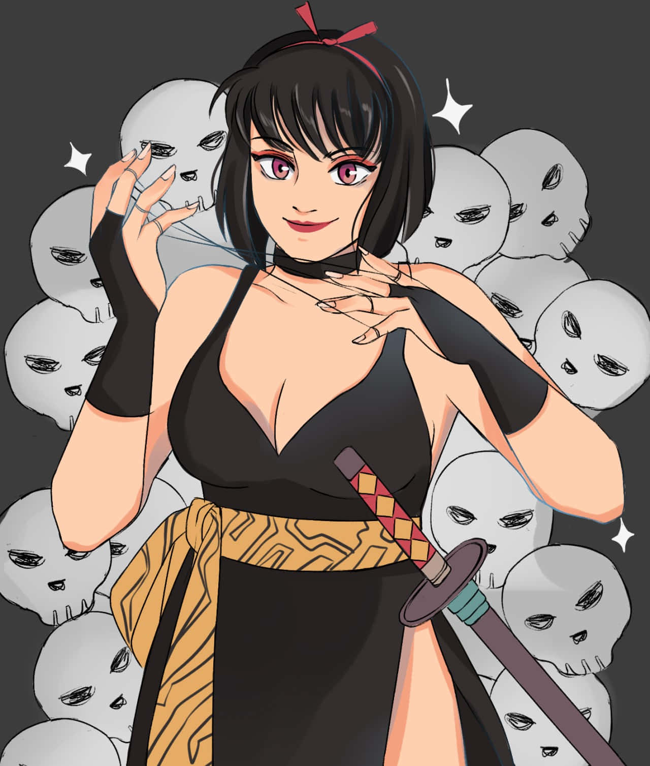 Inuyasha Yura 桌布 壁紙 — 一個自信的動漫女孩，短黑髮紅眼，在深灰色背景上被鬼臉包圍，揮舞著武士刀。