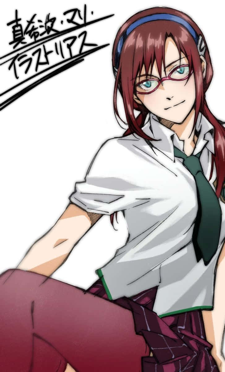 Mari Illustrious Makinami 桌布 壁紙 — 一個自信的動漫女孩，紅髮、戴眼鏡、穿校服，在純白背景前擺姿勢。