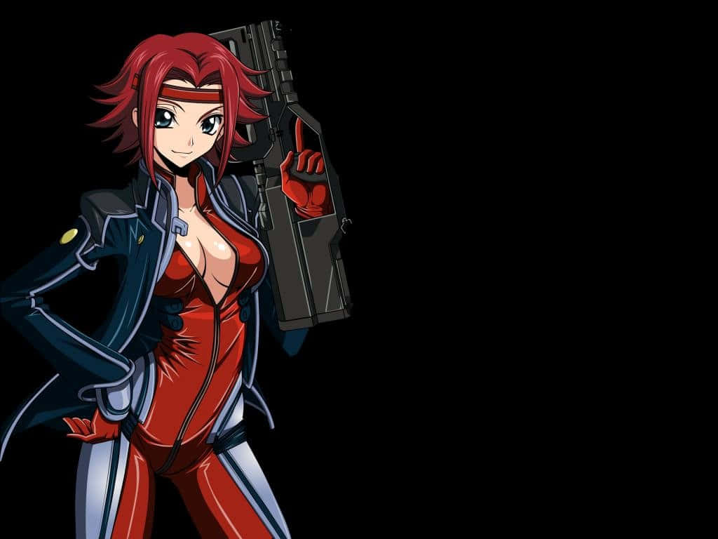 Kallen Stadtfeld 桌布 壁紙 — 一個自信的動漫女孩，紅髮紅衣，在黑色背景前手持一把大槍。