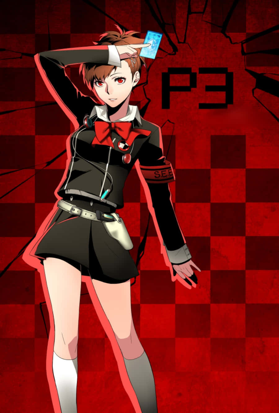 persona 5 4K 桌布 壁紙 — 一個自信的動漫女孩，身穿黑色校服，繫著紅色蝴蝶結，站在裂開的紅色格子背景前，手持一張卡片。