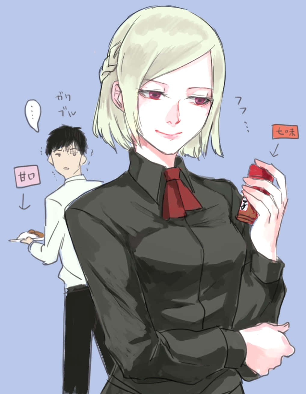 Koutarou Amon 桌布 壁紙 — 一個自信的動漫女孩，金髮紅眼，拿著一瓶七味粉，身後站著一個慌亂的男孩。