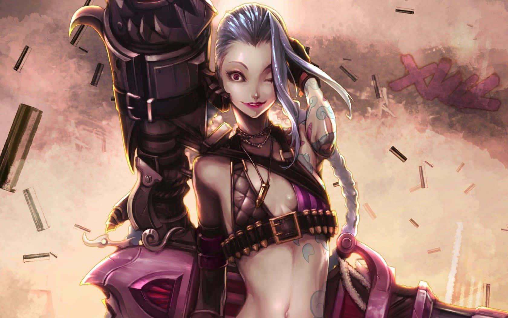 Jinx 桌布 壁紙 — 一個自信的動漫女孩，銀色頭髮和刺青，坐在紫色裝甲車上，周圍漂浮著子彈和塗鴉。