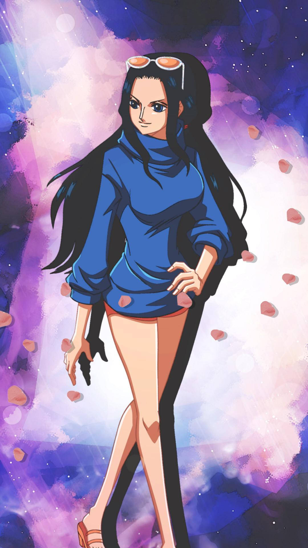 One Piece Phone 桌布 壁紙 — 一個自信的動漫女孩，長長的黑髮，頭上戴著橙色太陽眼鏡，站在帶有漂浮心形的宇宙紫色和粉紅色背景前。