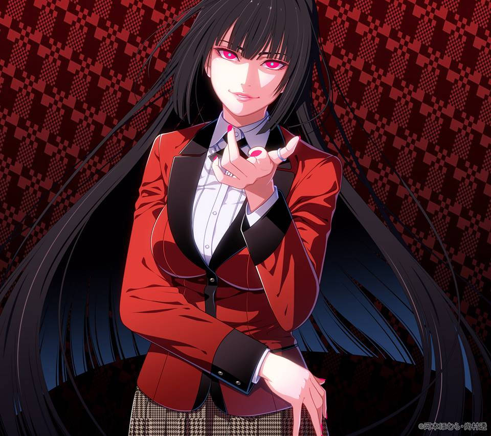 Kakegurui 桌布 壁紙 — 一個自信的動漫女孩，長長的黑髮和發光的紅眼睛，穿著紅色西裝外套，在紅色格子背景前指向前面。