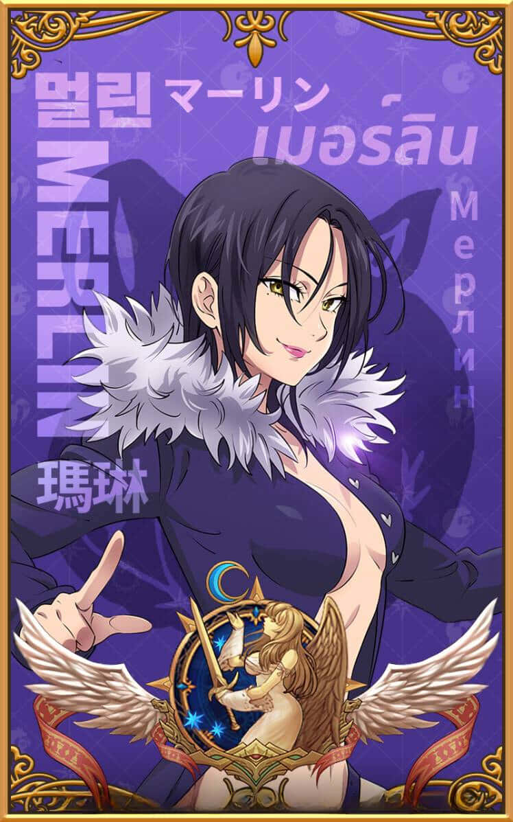 Seven Deadly Sins Merlin 桌布 壁紙 — 一個自信的動漫女孩，黑髮白毛領，在紫色背景前擺姿勢，背景上有多語言「Merlin」文字和帶翼天使徽章。