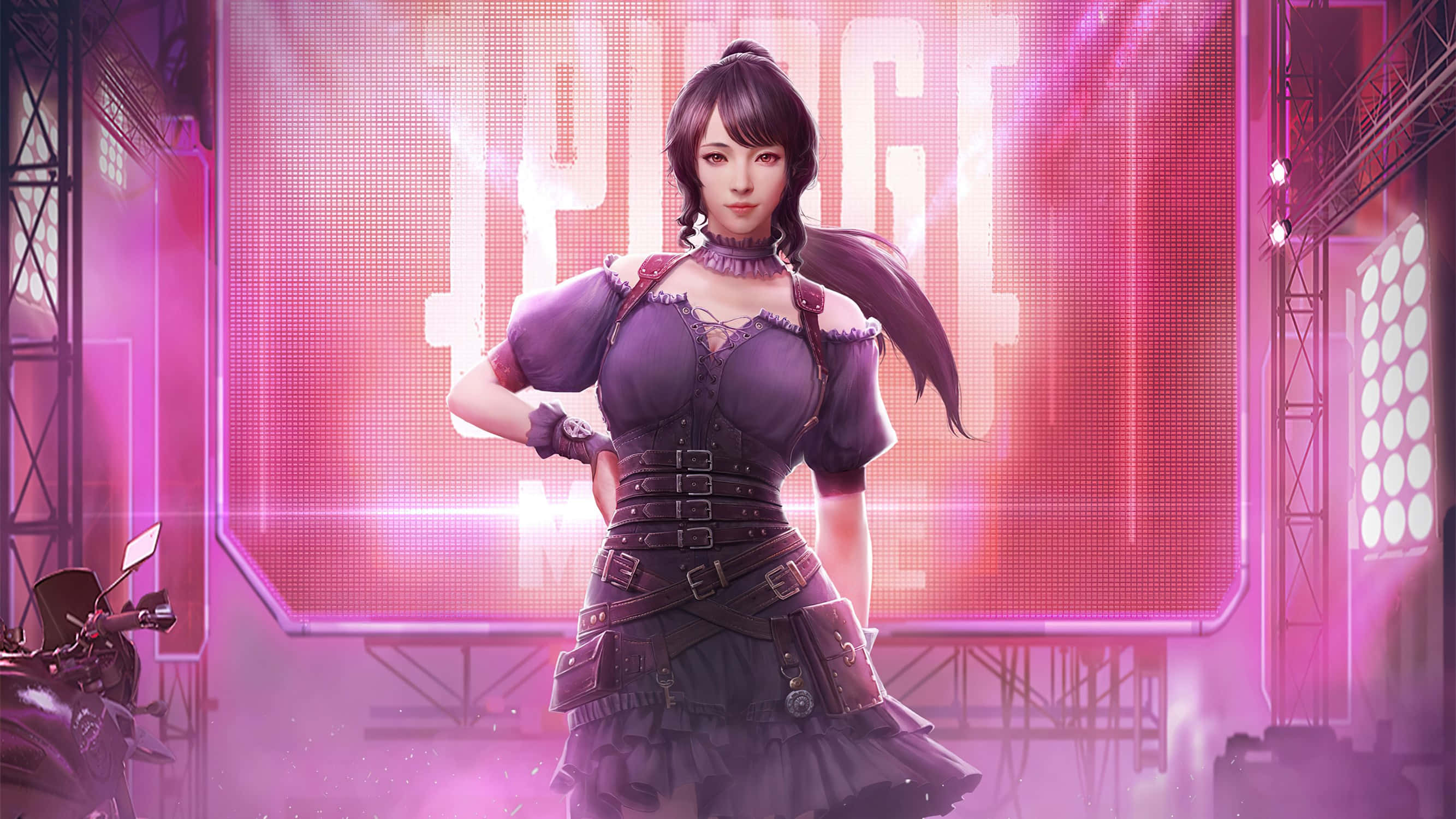 pubg mobile 桌布 壁紙 — 一個自信的動漫女孩穿著束身衣站在發光的粉紅色舞台前，旁邊有一輛摩托車。